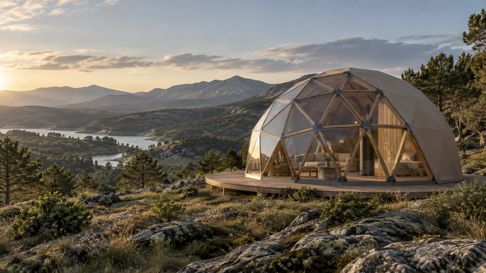 Concepto arquitectónico de un domo de madera abierto a un paisaje de montaña